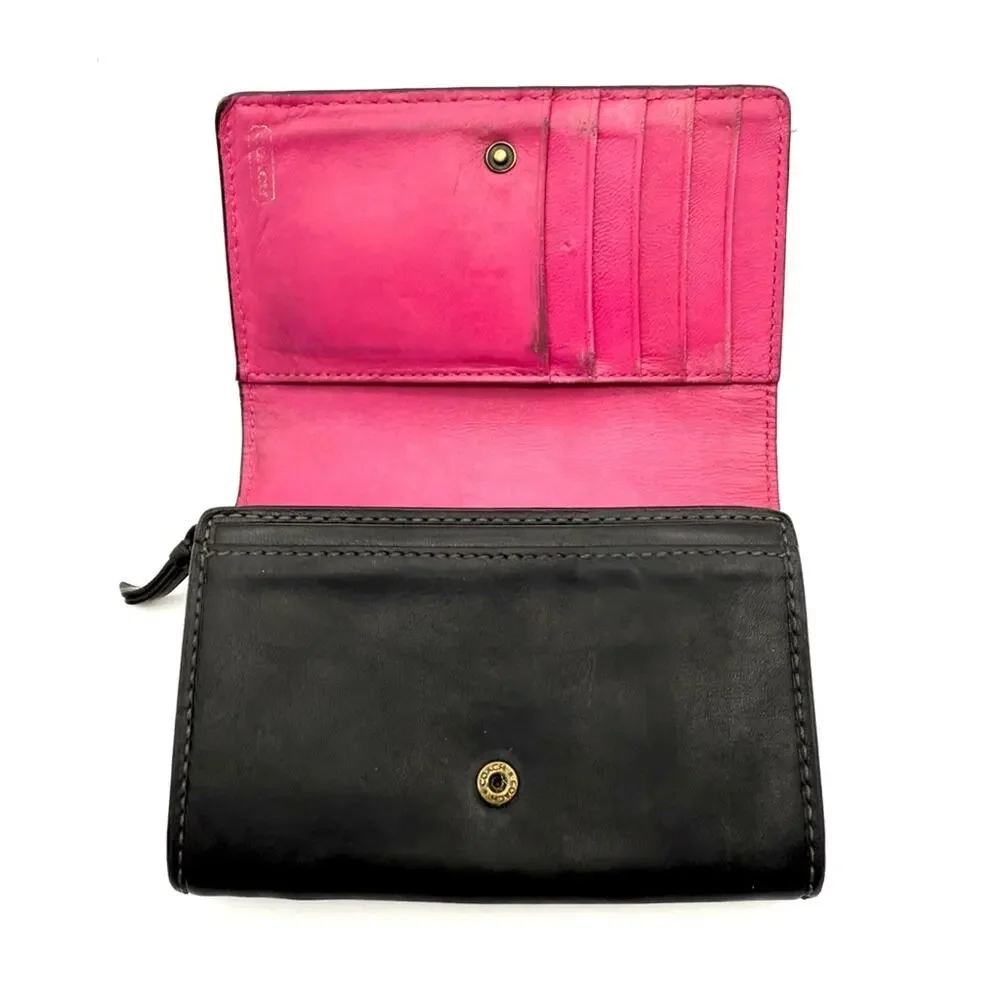 Coach Bleecker Wallet Black Leather Embossed Signature Carriage Logo Pink Lining